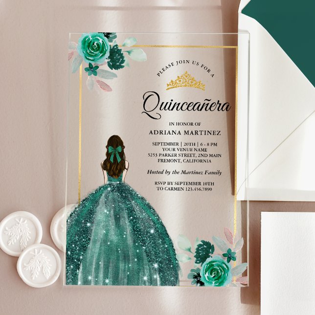 Invitations En Acrylique Robe vert émeraude Quinceanera Or Floral (Créateur téléchargé)