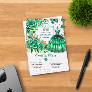 Invitations En Acrylique Robe verte Emerald Sweet15 QUINCEANERA Papillon