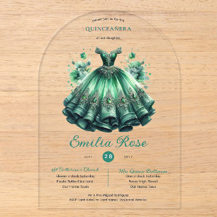 Invitations En Acrylique Robe verte Emerald Sweet15 QUINCEANERA transparent