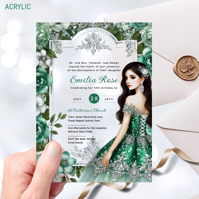 Invitations En Acrylique Robe verte en argent Quinceañera Elégante Mis Quin (Créateur téléchargé)