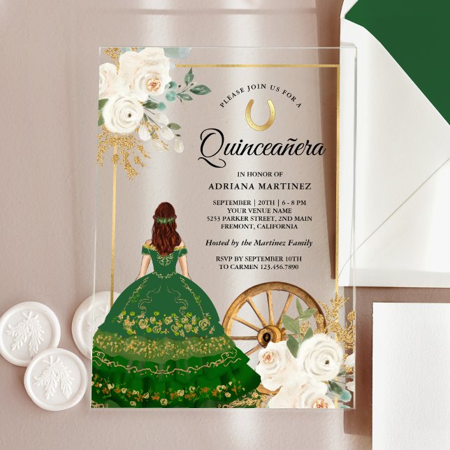 Invitations En Acrylique Robe verte ivoirienne Charro Gold Quinceanera (Créateur téléchargé)