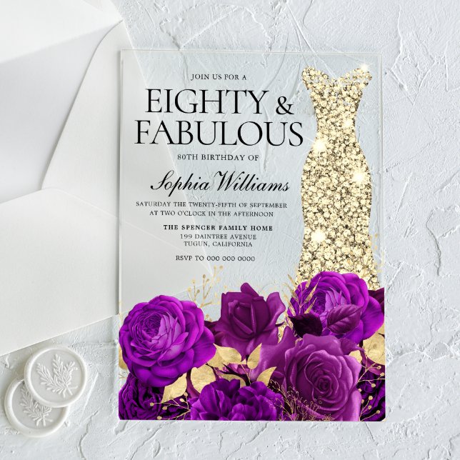 Invitations En Acrylique Robe violette et or 80e fête d'anniversaire (Créateur téléchargé)