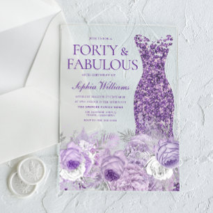 Invitations En Acrylique Robe violette florale 40 & Fabuleuse 40e anniversa