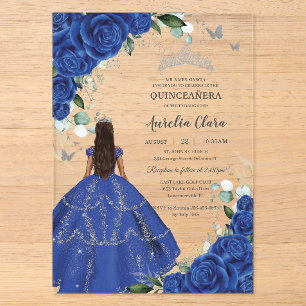 Invitations En Acrylique Robes argentées de roses bleues royales de princes