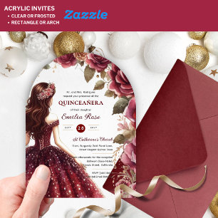 Invitations En Acrylique Robes de Quinceañera Bourgogne Rouge Or Fleurs de