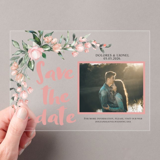 Invitations En Acrylique Romantic Blush PInk Floral Photo Enregistrer la da (Créateur téléchargé)