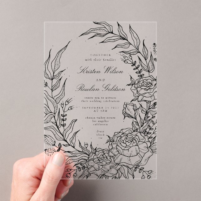 Invitations En Acrylique Romantique classique noir Mariage de couronne de f (In situ (ordinateur de poche))
