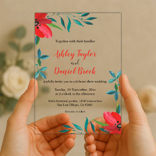 Invitations En Acrylique Romantique Rose rouge feuillage Mariage Floral été