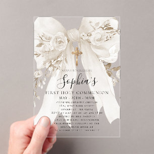 Invitations En Acrylique Rose à ruban blanc Fille florale Première communio