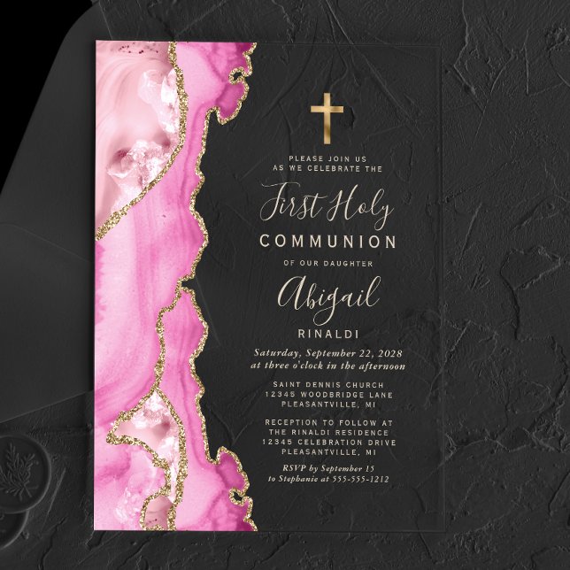 Invitations En Acrylique Rose Agate Or Texte Filles Première Sainte Communi (Créateur téléchargé)