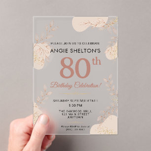 Invitations En Acrylique Rose Dorée Élégante Botanique 80 Ans Anniversaire