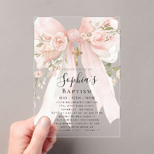 Invitations En Acrylique Rose Fleur Fille Baptême Ruban Rose