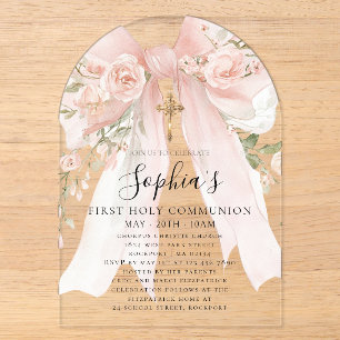 Invitations En Acrylique Rose Fleur Fille Première Communion Rose Ruban Ros