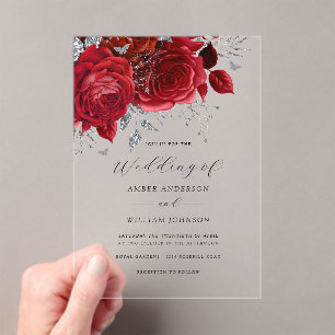Invitations En Acrylique Rose Fleurie Argent Rouge Mariage