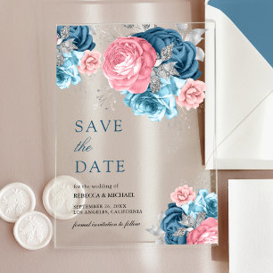 Invitations En Acrylique Rose Fleurie Bleu Poussiéreux Mariage Économisez l