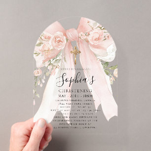Invitations En Acrylique Rose Fleurie en Arc de Baptême pour Fille avec un