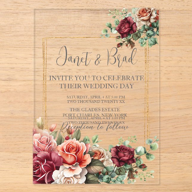 Invitations En Acrylique Rose Floral Eucalyptus Mariage (Recto)