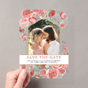 Invitations En Acrylique Rose Florale Rose Corail Photo Mariage Enregistrer