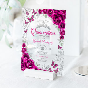 Invitations En Acrylique Rose Fuchsia Argent Quinceanera