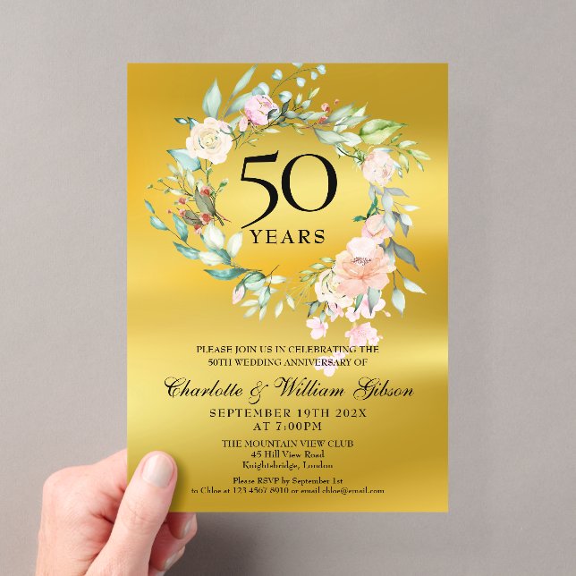 Invitations En Acrylique Rose Garland Gold Foil 50e anniversaire Mariage (In situ (ordinateur de poche))