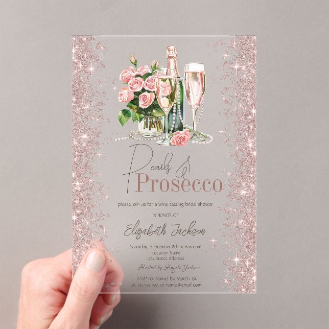 Invitations En Acrylique Rose Gold Confetti Pearls Prosecco Fête des mariée (In situ (ordinateur de poche))