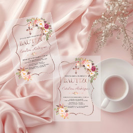 Invitations En Acrylique Rose Gold Fleurs Rose Tendresse Baptême Espagnol