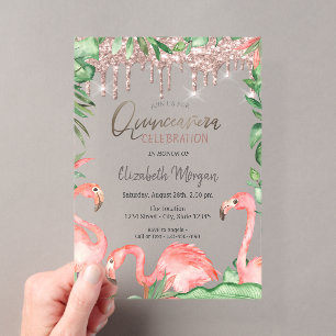Invitations En Acrylique Rose Gold Glitter Drips Pink Flamingos Quinceañera
