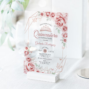 Invitations En Acrylique Rose Gold Quinceanera Rose Florale