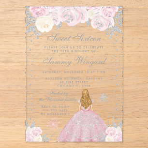 Invitations En Acrylique Rose Hiver Blonde Cheveux Princesse Sweet Seize