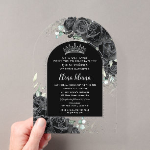 Invitations En Acrylique Rose noir Floral Argent Quinceanera Sweet 16