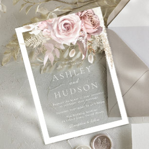Invitations En Acrylique Rose Poussiéreuse & Blush Mariage Bordure Blanche