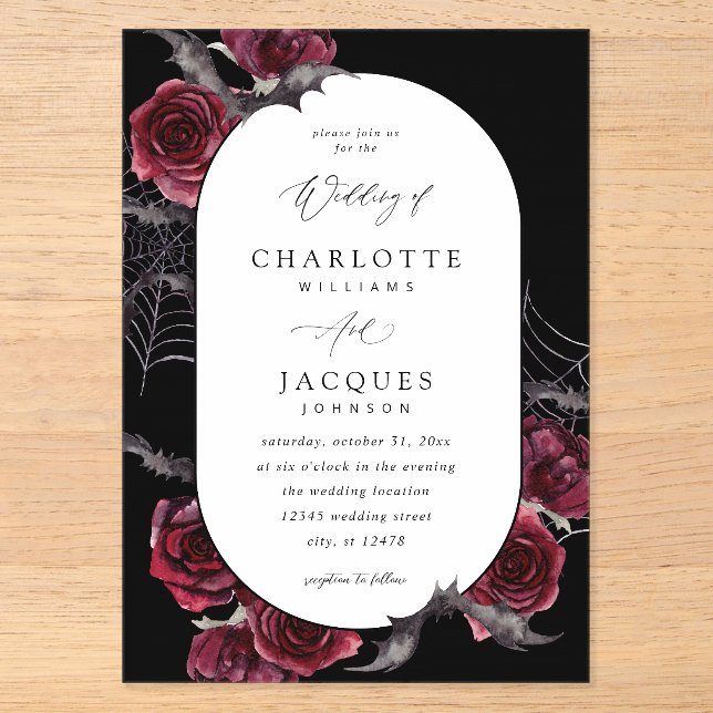 Invitations En Acrylique Rose rouge Halloween chauves-souris Mariage noir (Recto)
