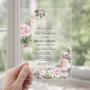 Invitations En Acrylique Rose Rustique Rose Floral Première Communion Saint