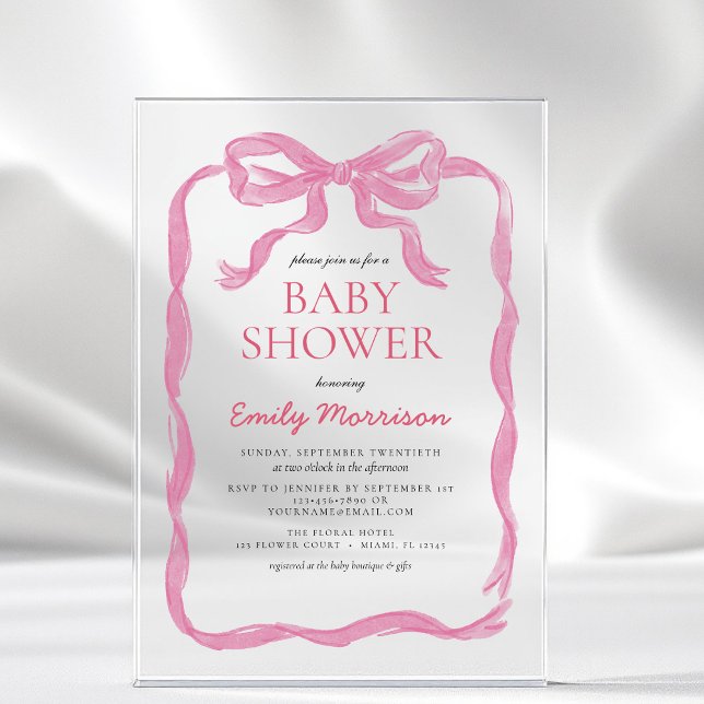 Invitations En Acrylique  rose vif Aquarelle Bow Girl Baby shower (Créateur téléchargé)