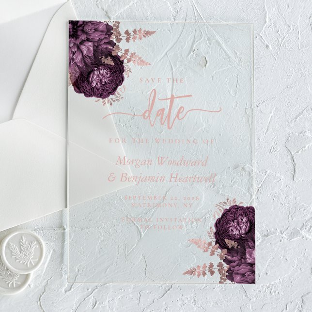 Invitations En Acrylique Rose violet Gold Floral Wedding Enregistrer la dat (Créateur téléchargé)