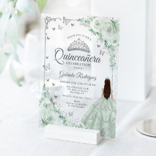 Invitations En Acrylique Roses aquarelles vert sauge Quinceanera argentée