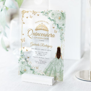 Invitations En Acrylique Roses aquarelles vert sauge Quinceanera or