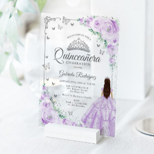 Invitations En Acrylique Roses aquarelles violet lilas Quinceanera argent