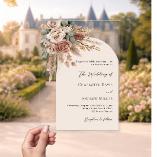 Invitations En Acrylique Roses beige herbe de pampa arche claire mariage bo