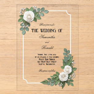 Invitations En Acrylique Roses blanches et Gypsophile Acrylique Mariage