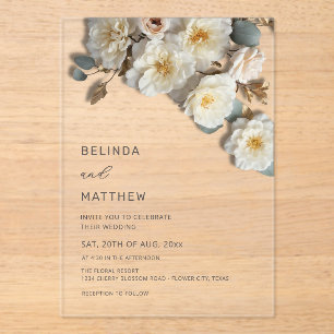 Invitations En Acrylique Roses blanches Fleurs 3D Élégant Mariage Blanc