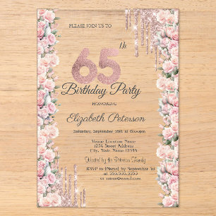 Invitations En Acrylique Roses Cadre Gouttes Rose Gold 65e Anniversaire