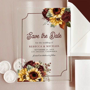 Invitations En Acrylique Roses de Bourgogne Tournesols Mariage Enregistrez 