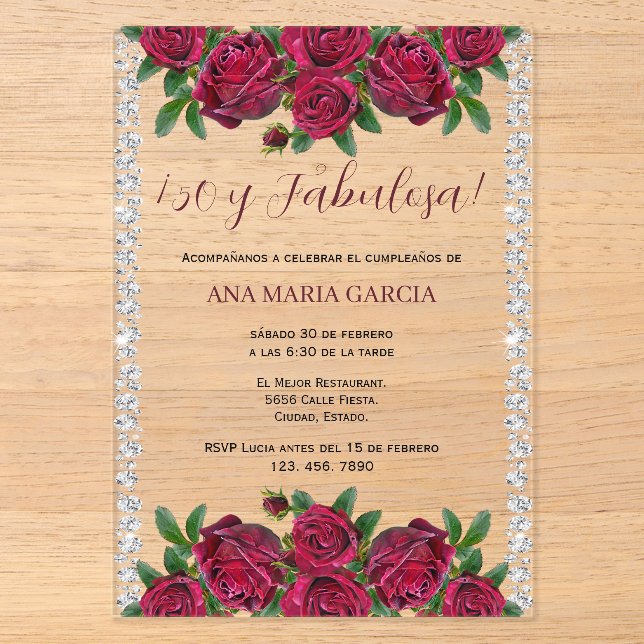 Invitations En Acrylique Roses & Diamonds Feminine 50th Birthday Spanish (Recto)