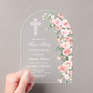 Invitations En Acrylique Roses élégantes blush rose pour première communion