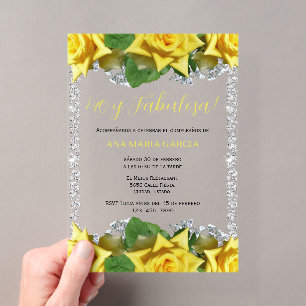 Invitations En Acrylique Roses jaunes et diamants 40e anniversaire espagnol