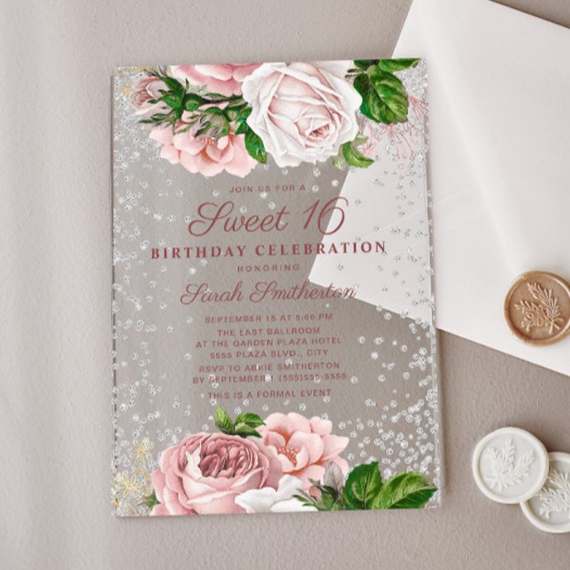 Invitations En Acrylique Roses rose Floral Parties scintillant argent doux  (Blush pink vintage floral Sweet 16 acrylic invitation)
