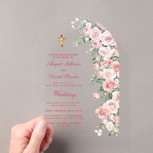Invitations En Acrylique Roses Rouge Pêche Arches Mariage Religieux
