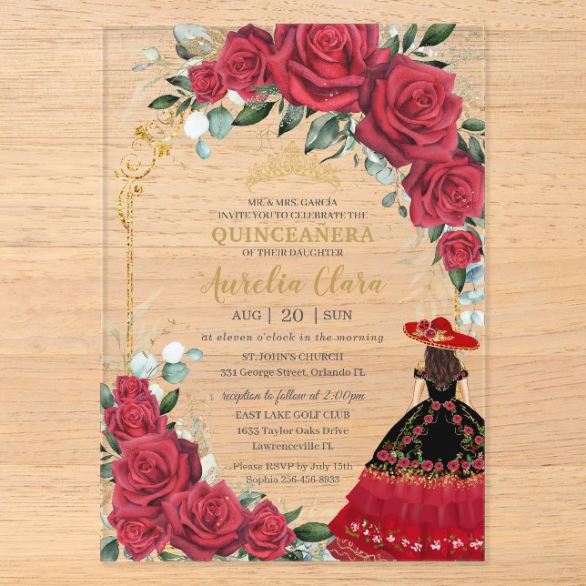 Invitations En Acrylique Roses rouges Floral Charro noir robe Quinceañera (Recto)