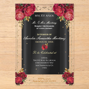 Invitations En Acrylique Roses rouges, or & Quinceañera noire